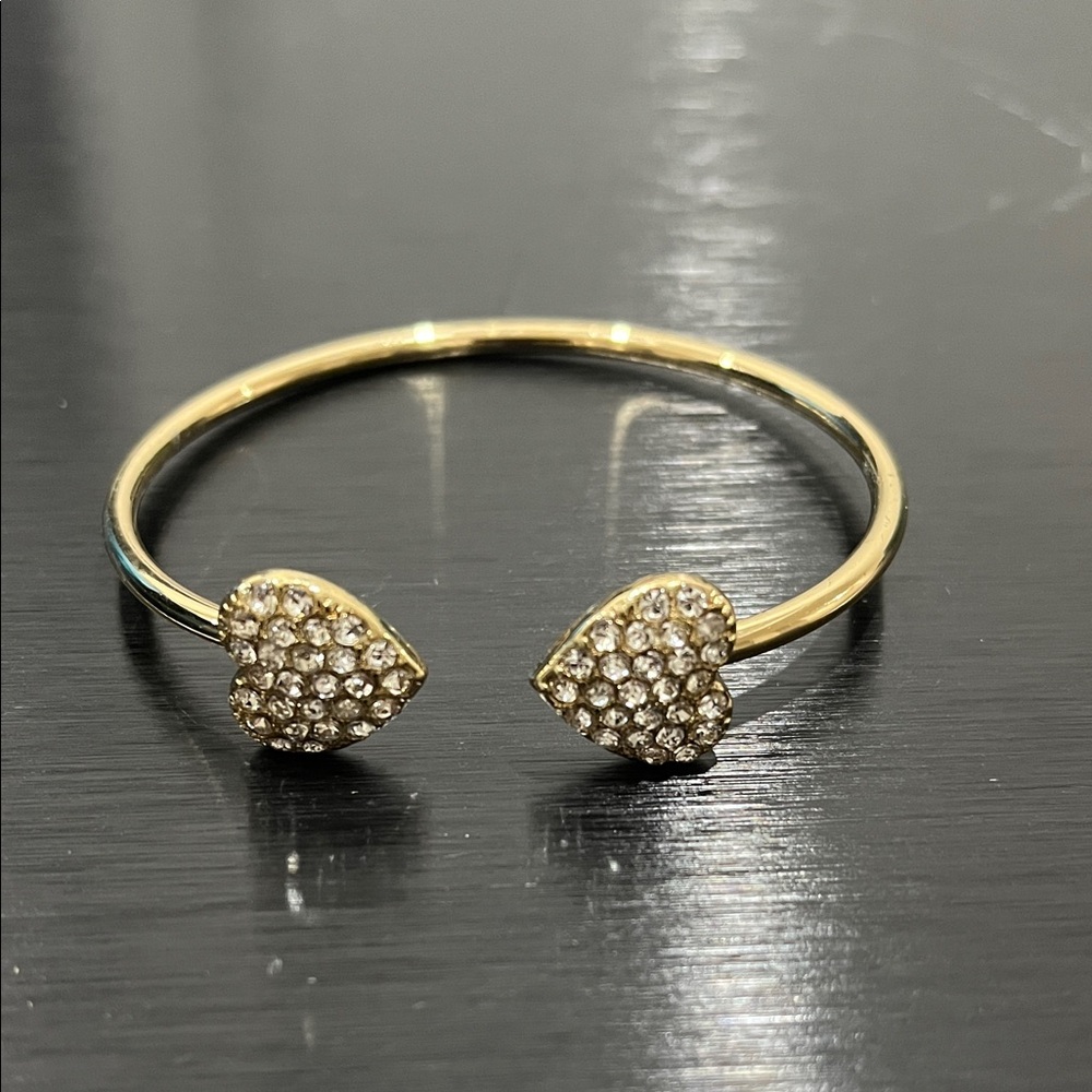 Pave Heart Bracelet Goldtone Costume Jewelry Bling Sparkle Boho Chic Bangle